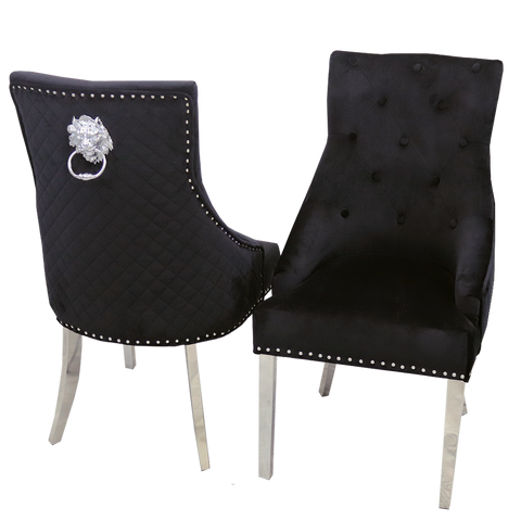 Black velvet Chrome Legs Dining Chairs with Chrome Lion knockerback - 001