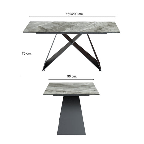 Kiano Grey Extendable Dining Table with Black Legs base and Grey High gloss marble effect ceramic top  -Table measurements Image