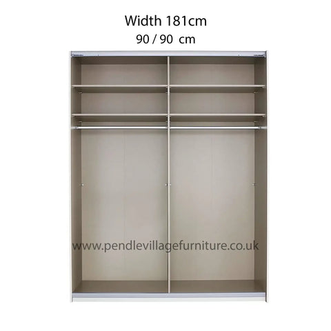 Rauch Forms Glass 2 Door Slider Wardrobe in Silk Grey Glass, with Matching Door Handles, Internal Compartments, and 10 Year Warranty - Internal Compartment Width 181cm