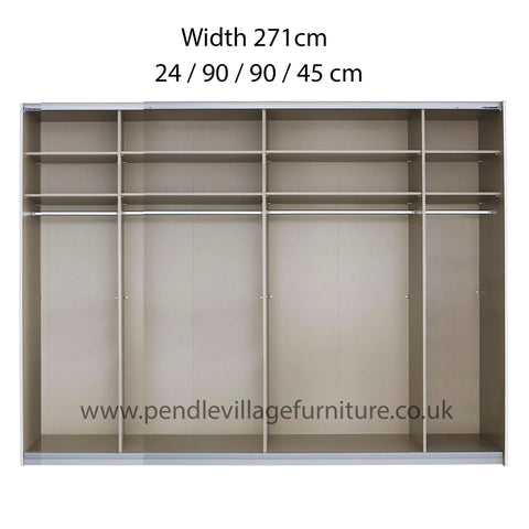 Rauch Forms Glass 2 Door Slider Wardrobe in Silk Grey Glass, with Matching Door Handles, Internal Compartments, and 10 Year Warranty - Internal Compartment Width 271cm