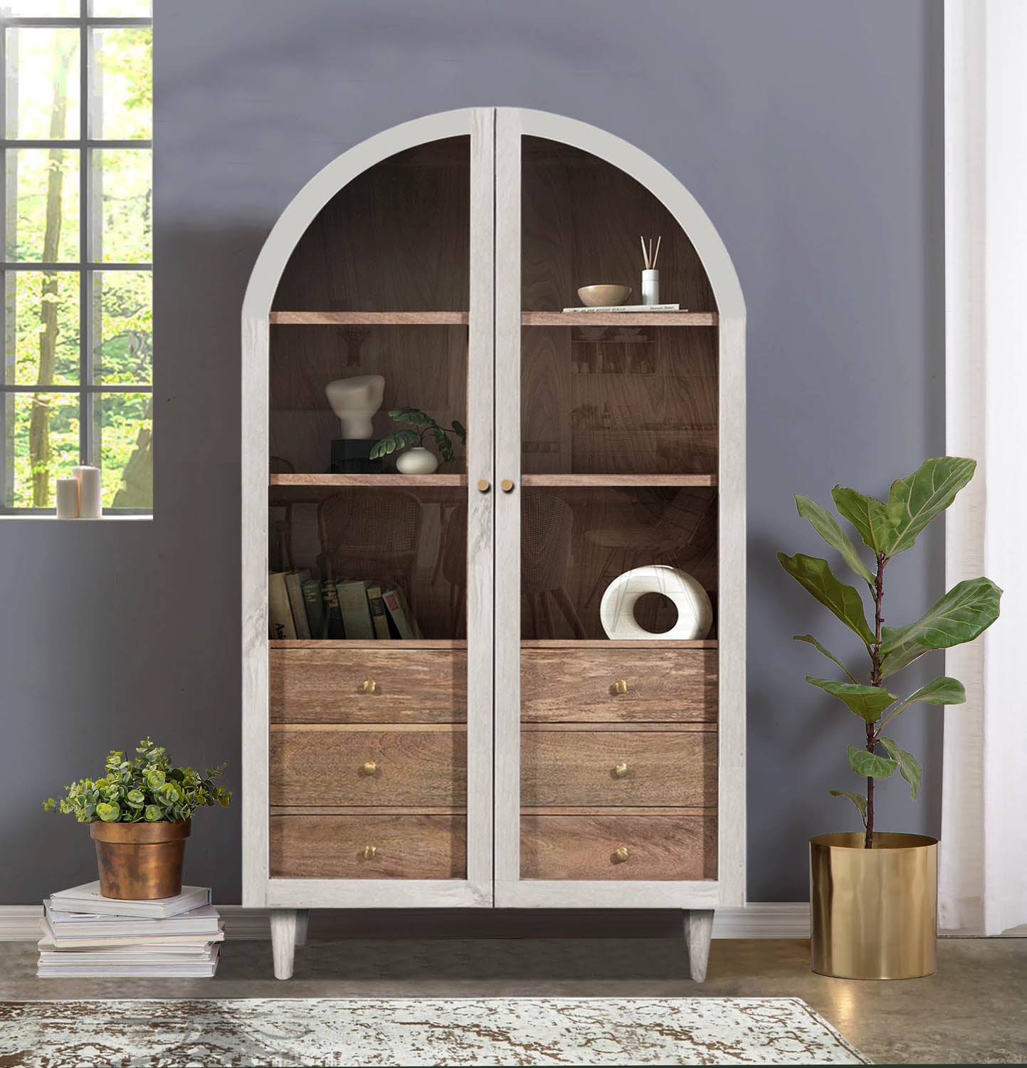 Iconic Designer Whitewash Wooden 2 Door Glass Cabinet