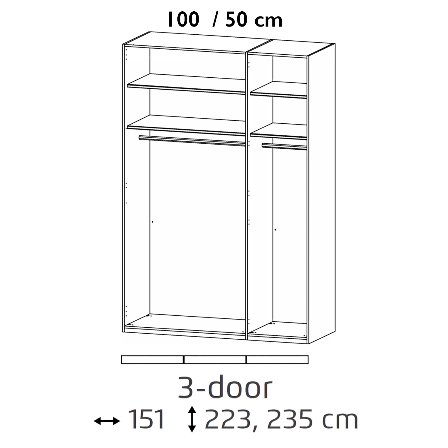 Kacey 151cm 3 Door Wardrobe With Middle Glass Door