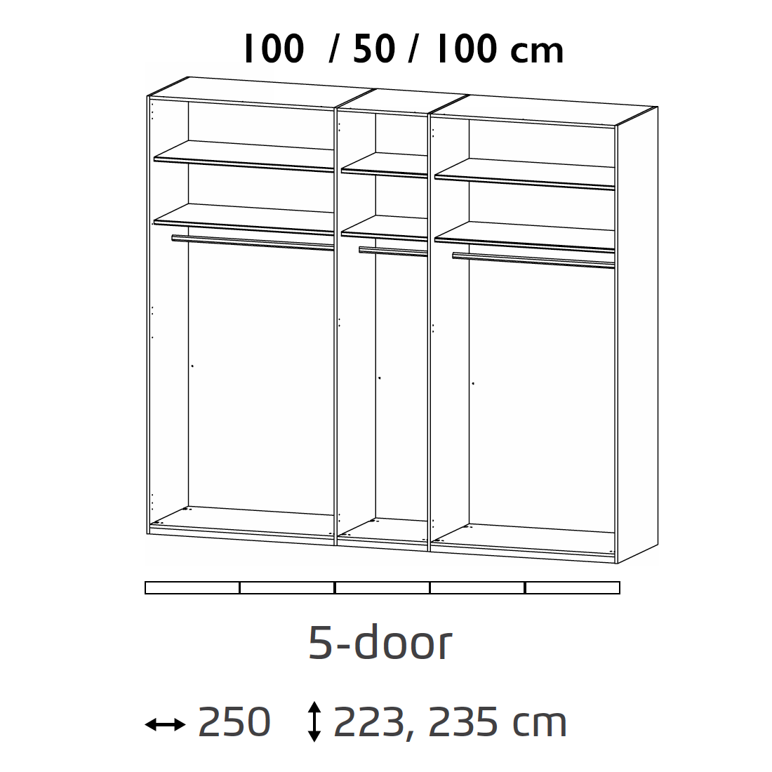 Kacey 251cm 5 Door Wardrobe 3 Glass Doors