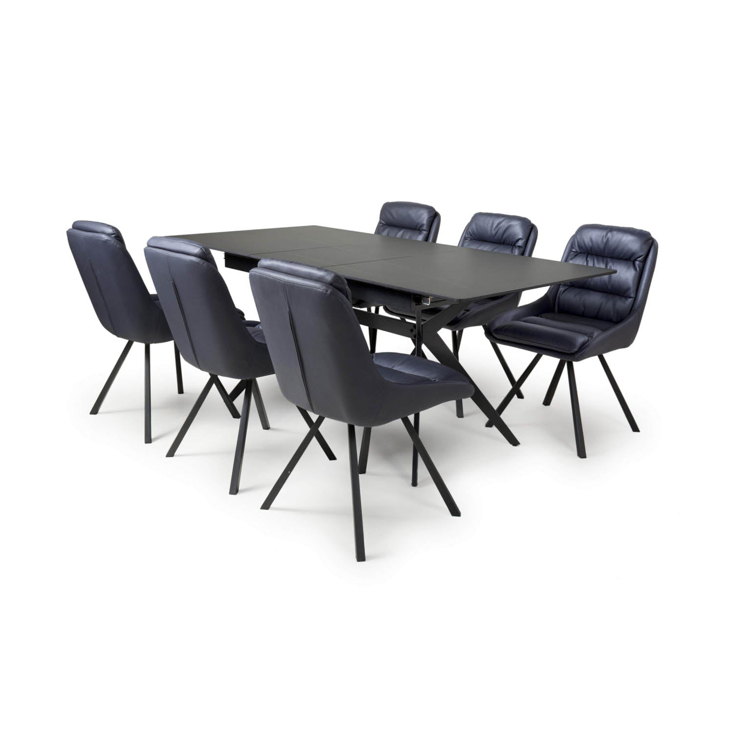 Pinnacle Extendable Black Dining Table with 6 Burnham Swivel Chairs