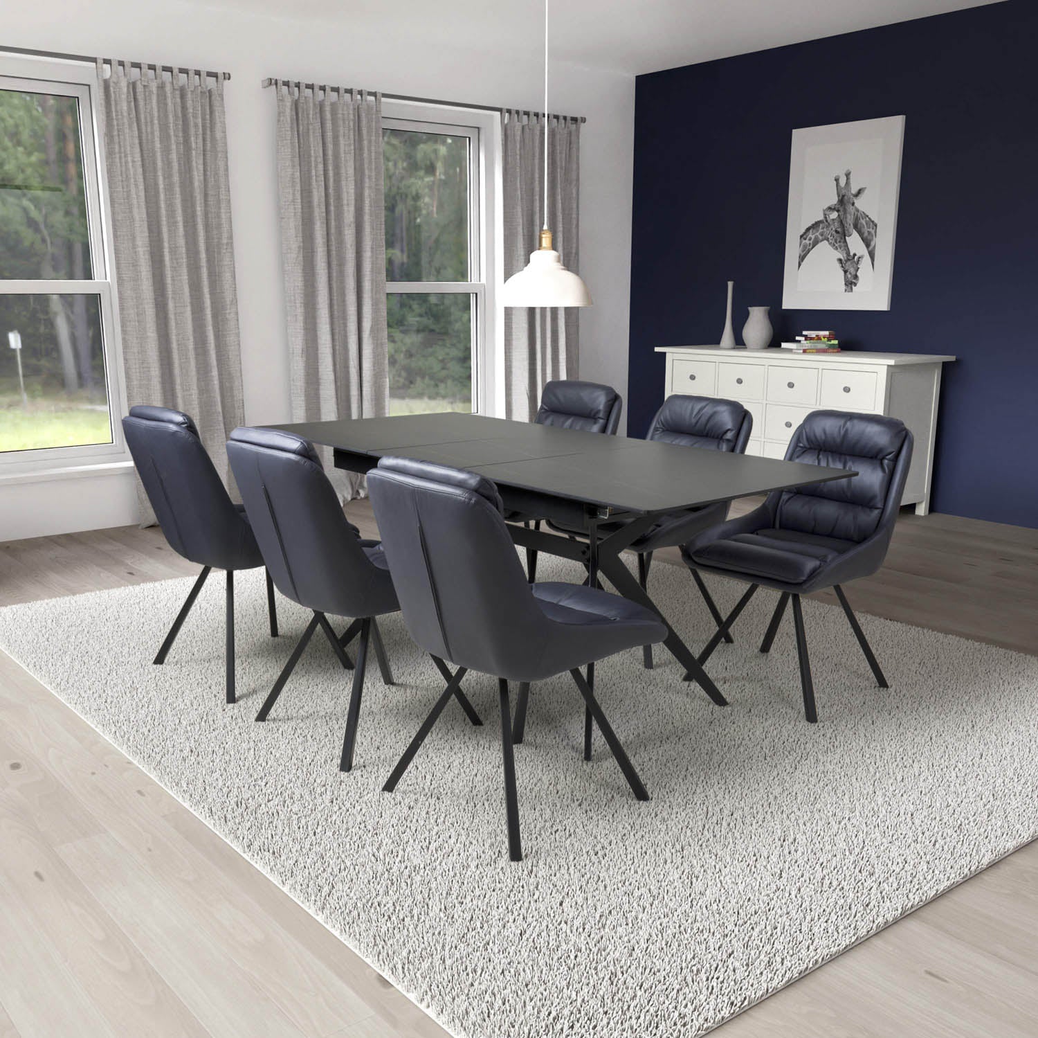 Pinnacle Extendable Black Dining Table with 6 Burnham Swivel Chairs