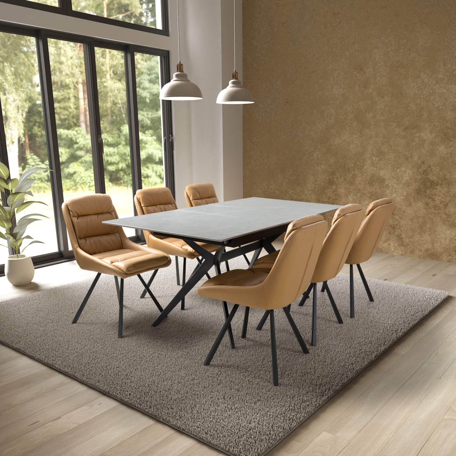 Pinnacle Extendable Granite Dining Table with 6 Burnham Swivel Chairs