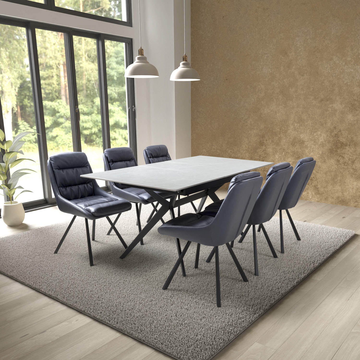 Pinnacle Extendable Granite Dining Table with 6 Burnham Swivel Chairs