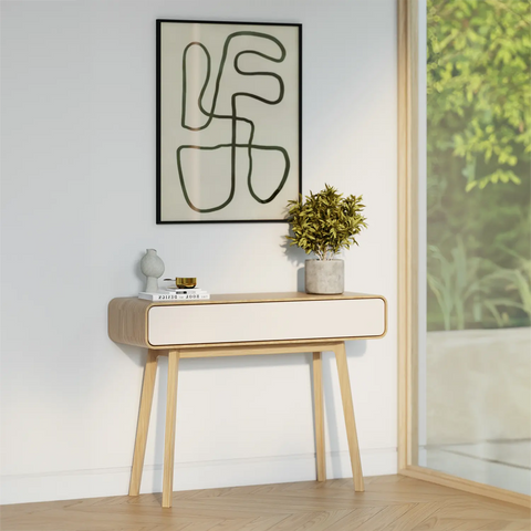 Asiago Solid Oak Console Table, choose fro White Oak and Smoked Oak. Available in White, Sand and Anthracite - Console Table Lifestyle View  