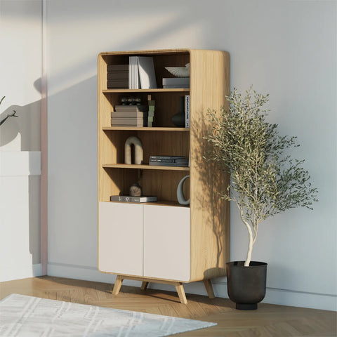 Asiago Solid Oak Tall Display Cabinet, choose from White or Smoked Oak. Available in White, Sand and Anthracite - Lifestyle Angled View