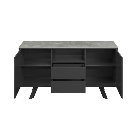 Athens 2 Door 2 Drawer Sideboard with Matte Grey Ceramic Top, Modern and Contemporary - Open Doors and Drawers