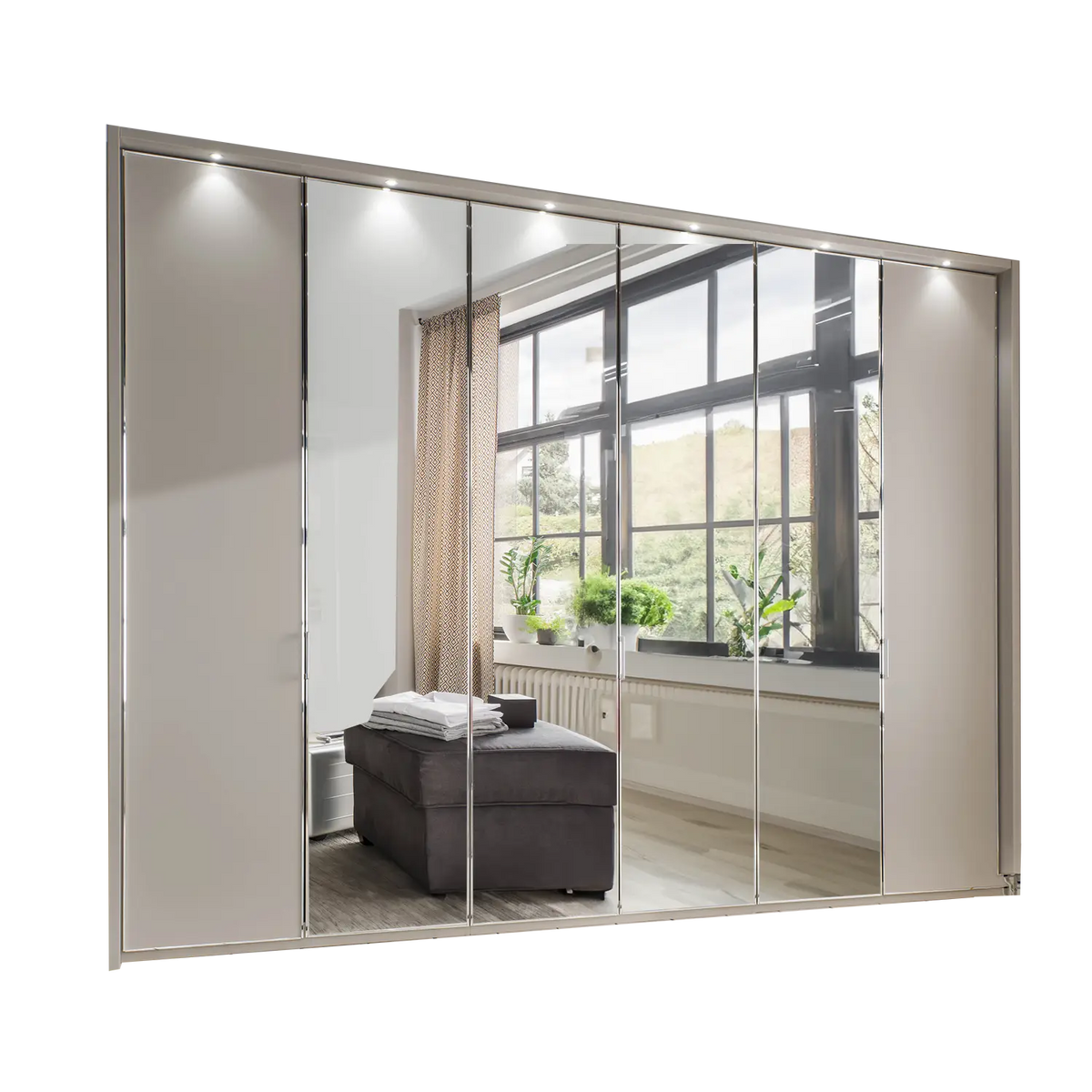 Wiemann Apollo Pebble Grey and Mirror Large 6 Door Wardrobe - Width 300cm , Height 216cm and Depth 58cm - 001