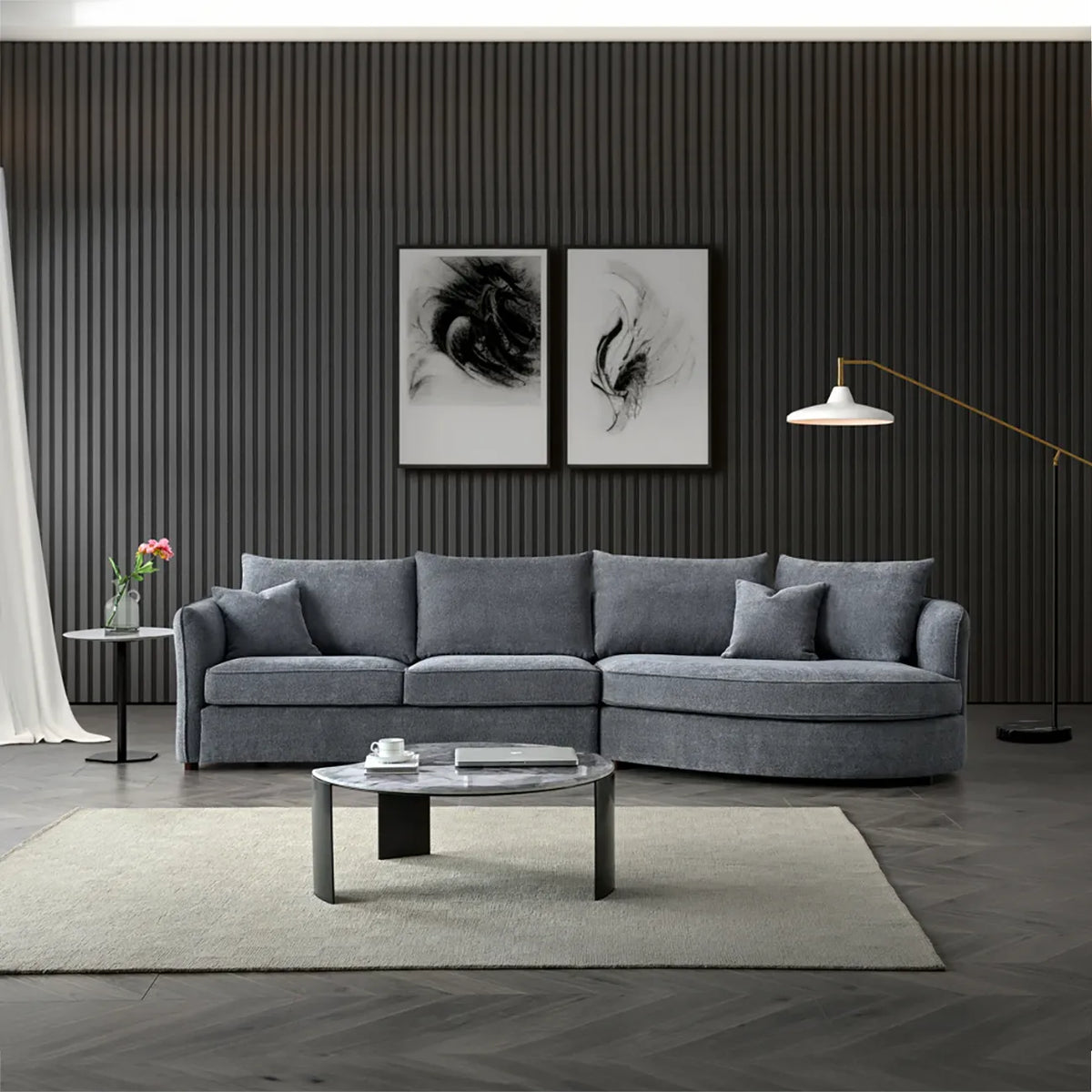 Rubin Corner Chaise Boucle Sofa in Charcoal, also available in Pebble - Lifestyle Image 