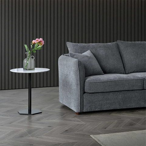 Rubin Corner Chaise Boucle Sofa in Charcoal, also available in Pebble - Side of Chaise Detail Lifestyle Image