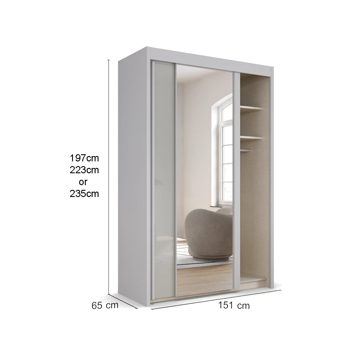 Amalfi Silk Grey 151cm Sliding 2 Door Wardrobe with Mirror