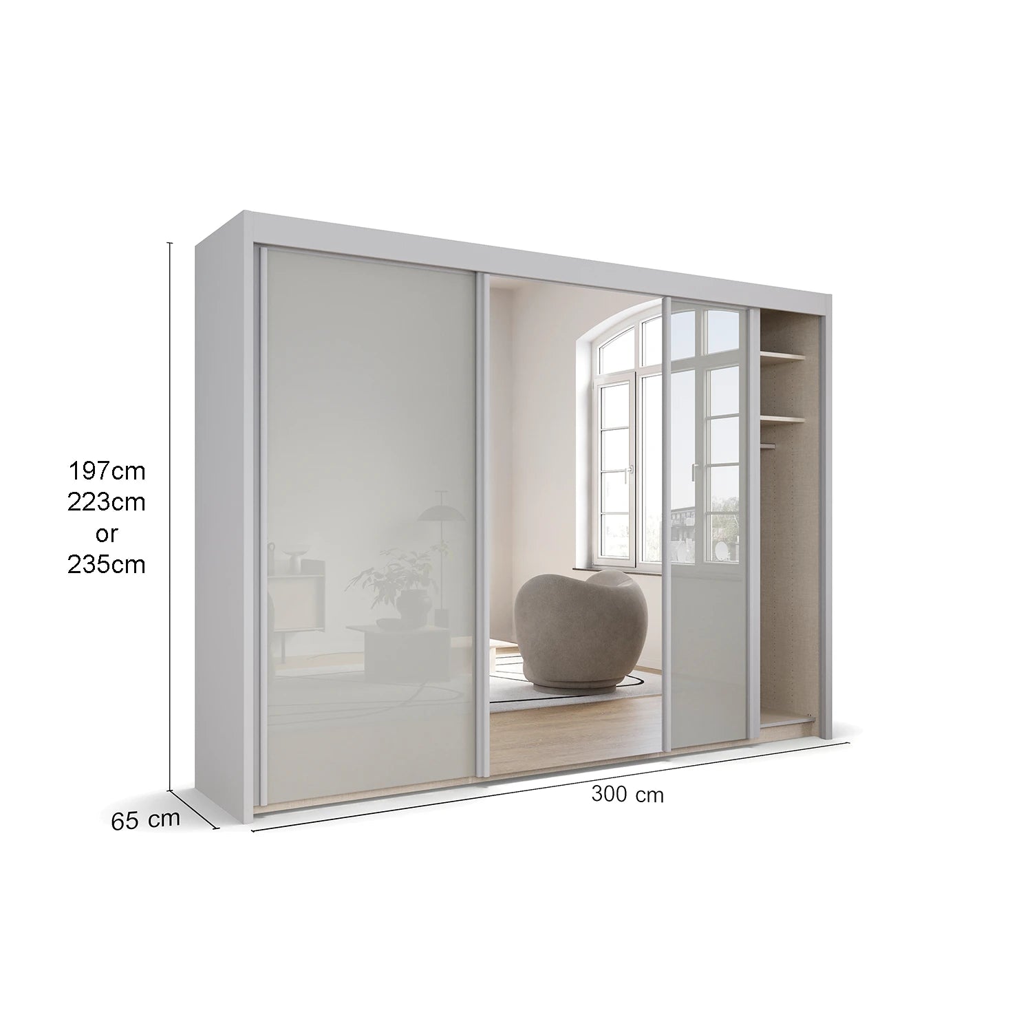 Amalfi Silk Grey 300cm Large Sliding 3 Door Wardrobe with Mirror