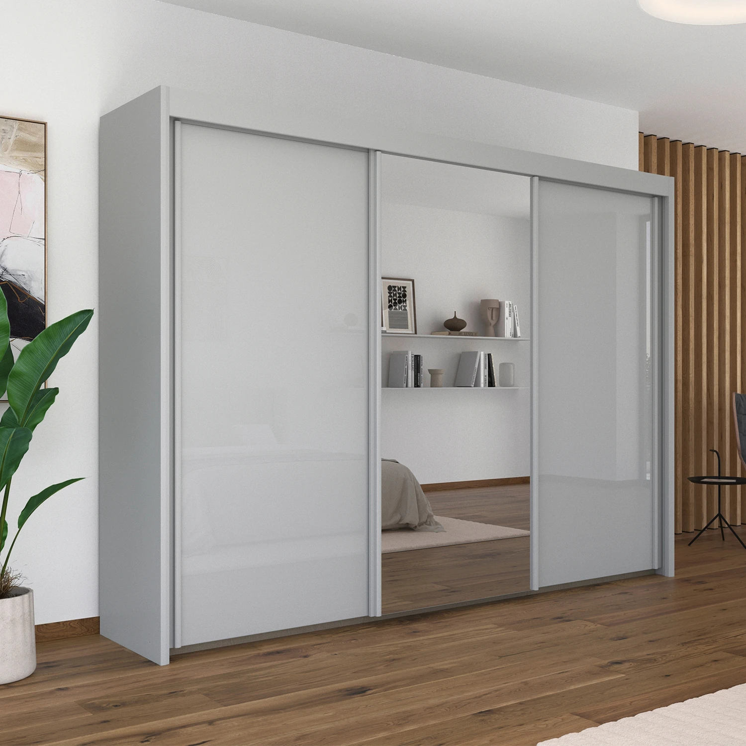 Amalfi Silk Grey 300cm Large Sliding 3 Door Wardrobe with Mirror