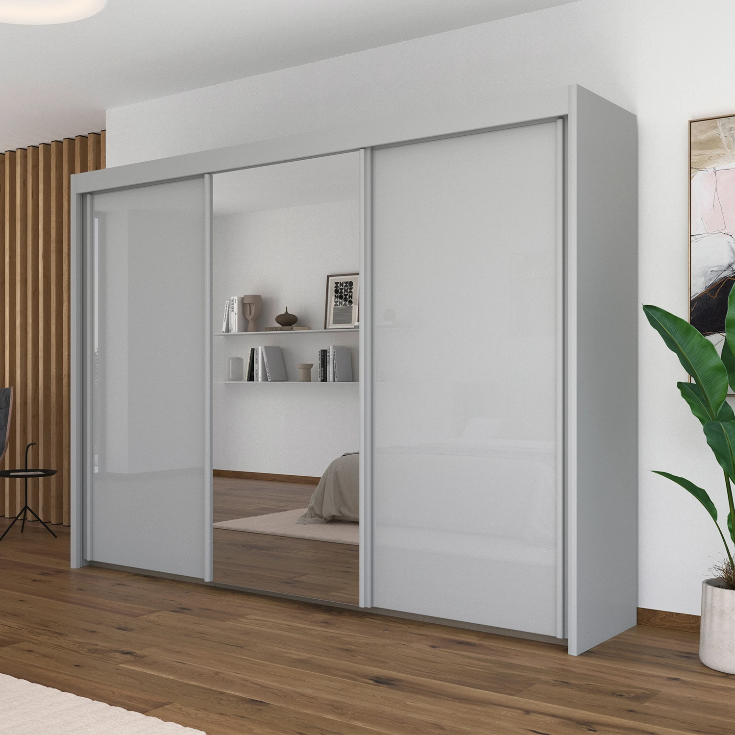 Amalfi Silk Grey 300cm Large Sliding 3 Door Wardrobe with Mirror