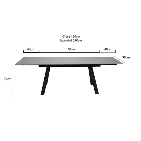 Amani Grey Sintered Stone Large Extending Dining Table - Dimensions