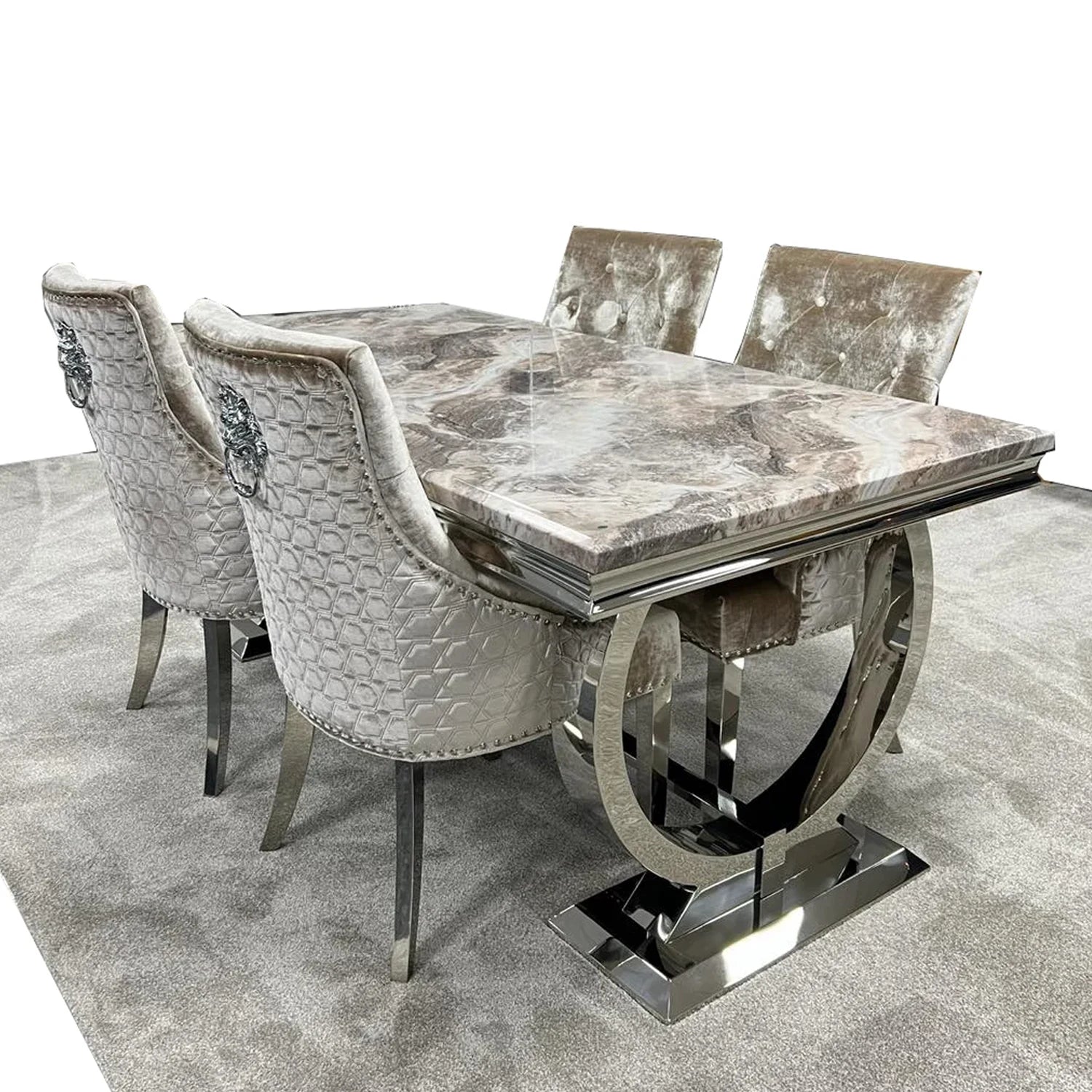 Arianna 1.8M Brown Marble Top Dining Table with Lion Knocker Chairs