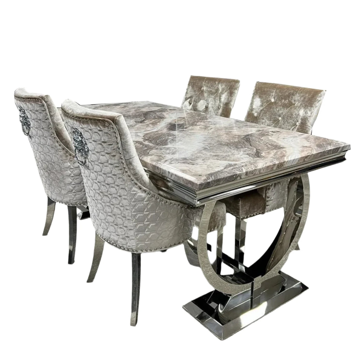 Arianna 1.8M Brown Marble Top Dining Table with Lion Knocker Chairs