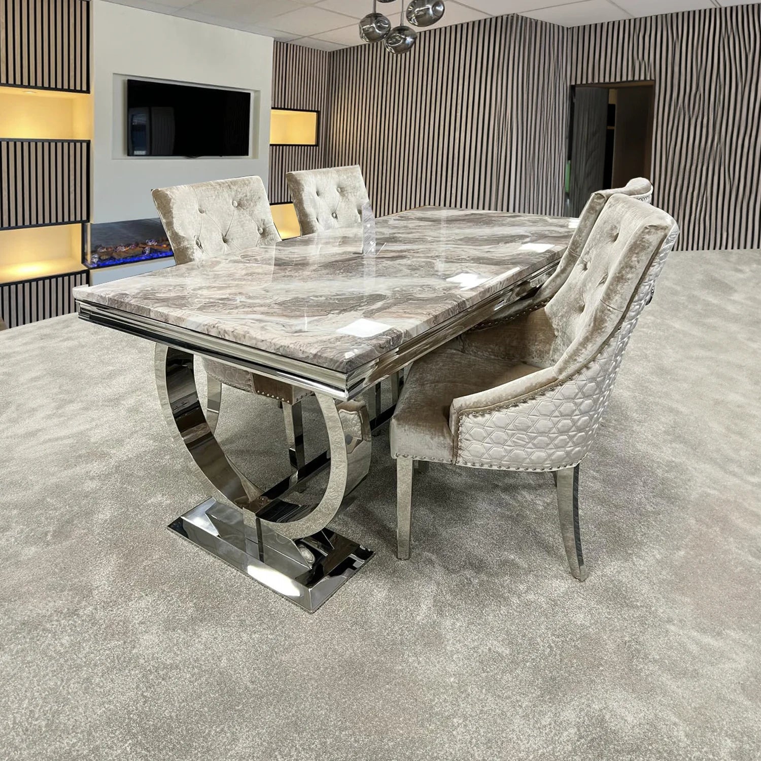 Arianna 1.8M Brown Marble Top Dining Table with Lion Knocker Chairs