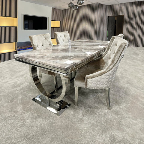 Arianna 1.8M Brown Marble Top Dining Table with Lion Knocker Chairs - Close Up of Table Design