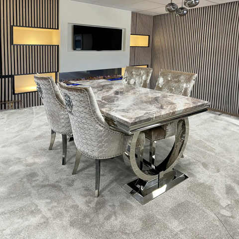 Arianna 1.8M Brown Marble Top Dining Table with Lion Knocker Chairs - Lifestyle Image 