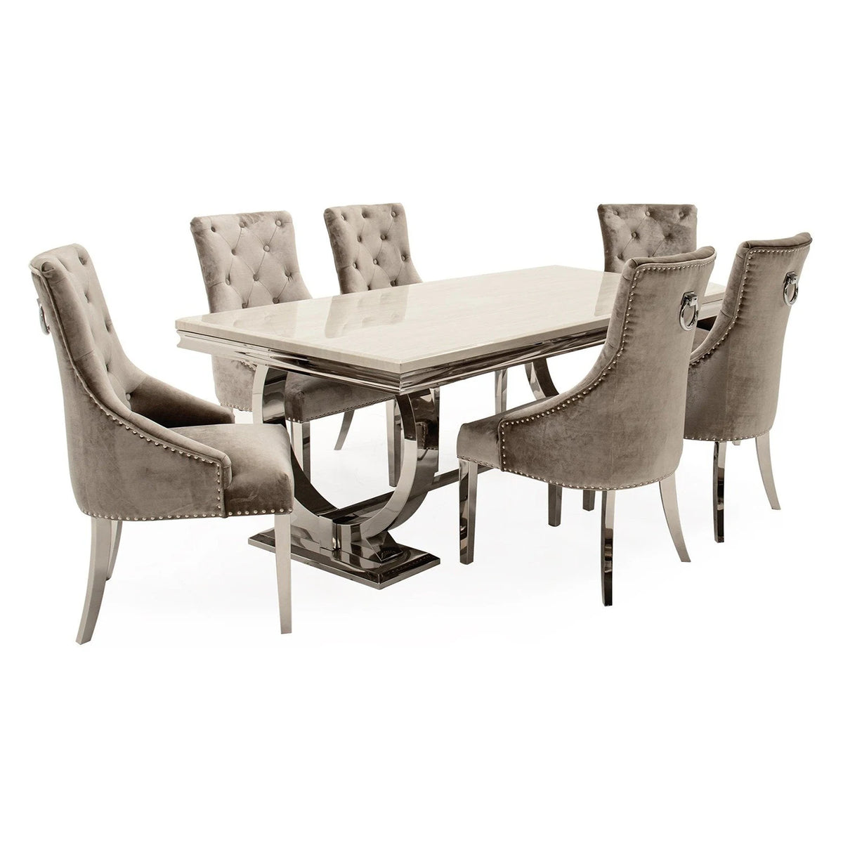 Arianna Cream Marble Top Dining Table with Ring Knocker Chairs