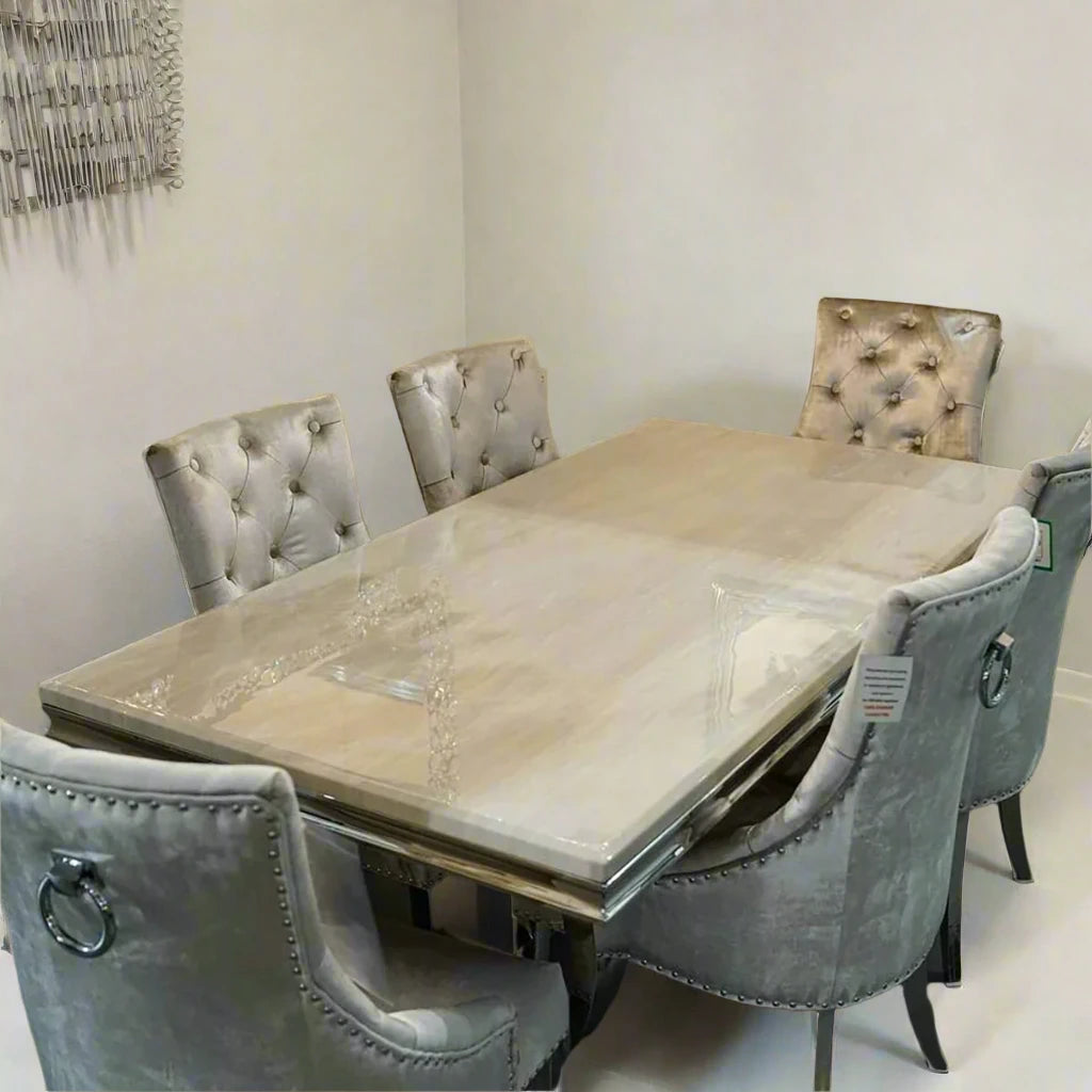 Arianna Cream Marble Top Dining Table with Ring Knocker Chairs