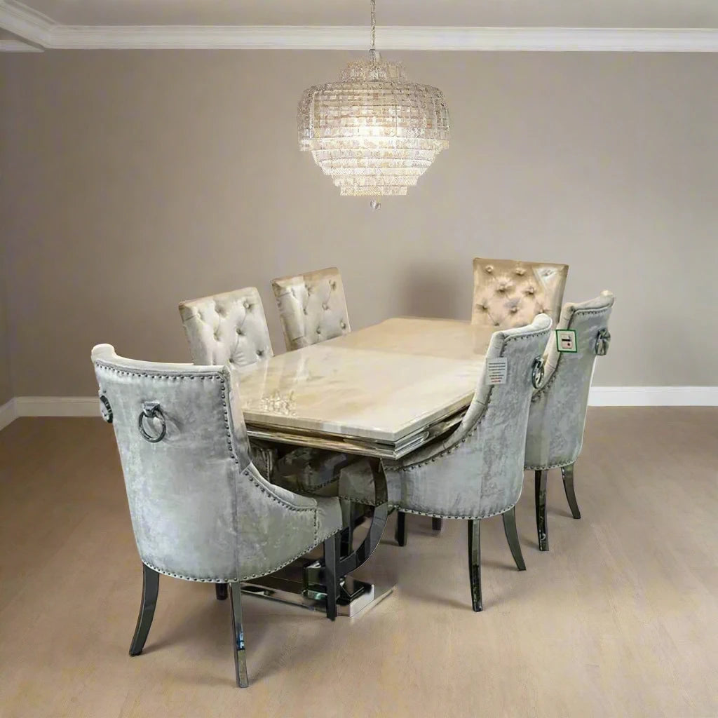 Arianna Cream Marble Top Dining Table with Ring Knocker Chairs