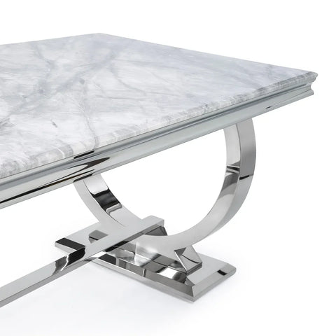 Arianna 2M Marble Top Dining Table with Lion Knocker Chairs and Bench - Chrome Detail