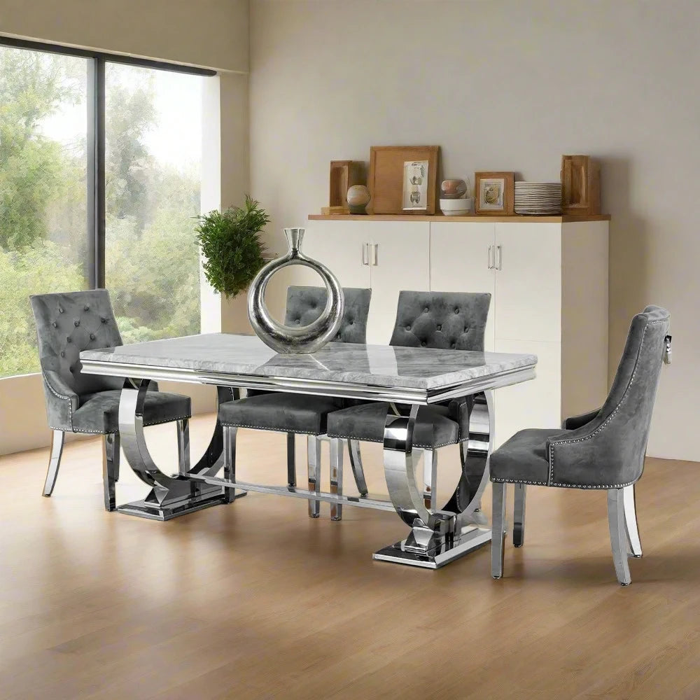 Arianna 2M Marble Top Dining Table with 6 Ring Knocker Chairs