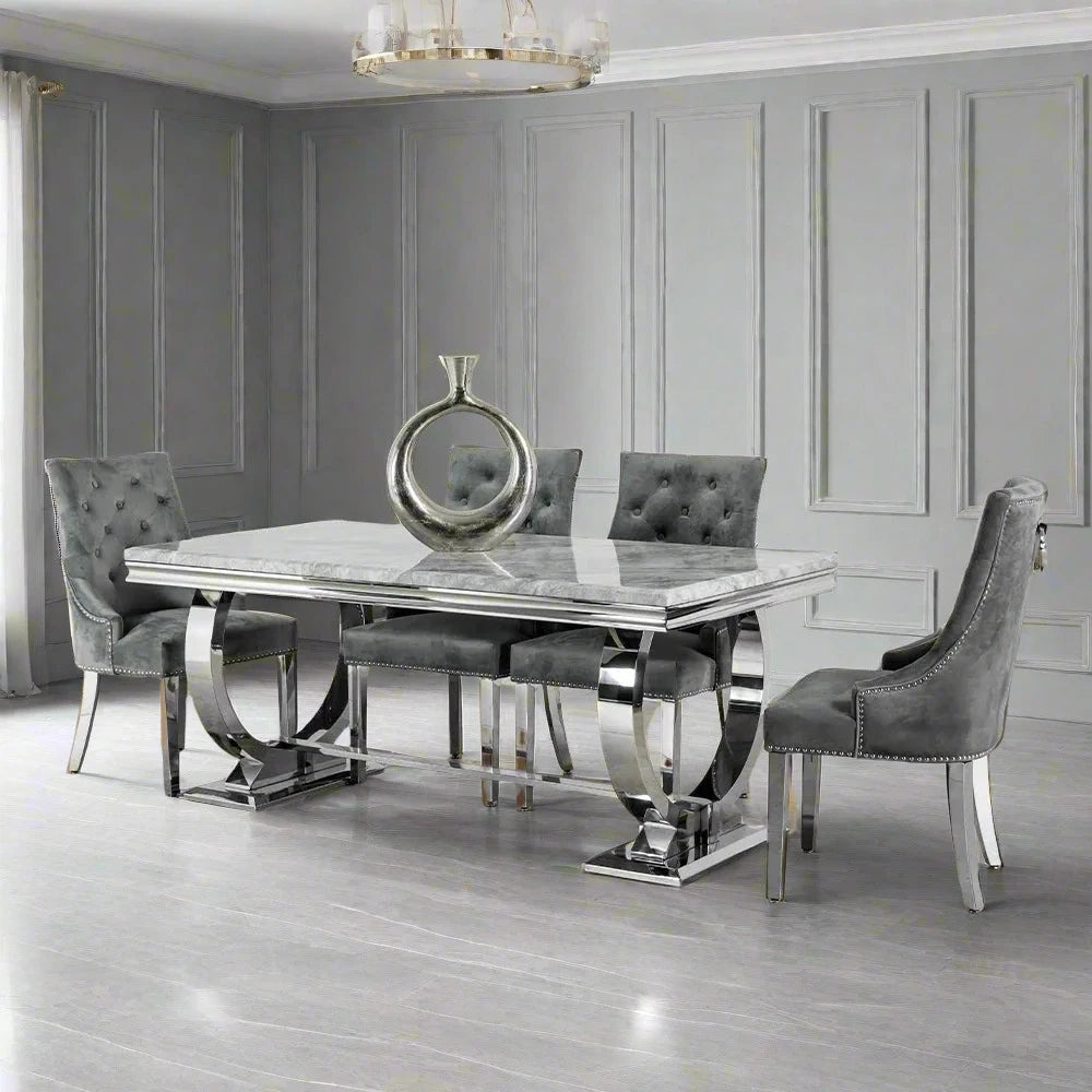 Arianna 1.8M Marble Top Dining Table with Ring Knocker Chairs