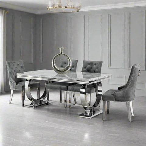 Arianna 1.8M Marble Top Dining Table with Ring Knocker Chairs - Lifestyle Image