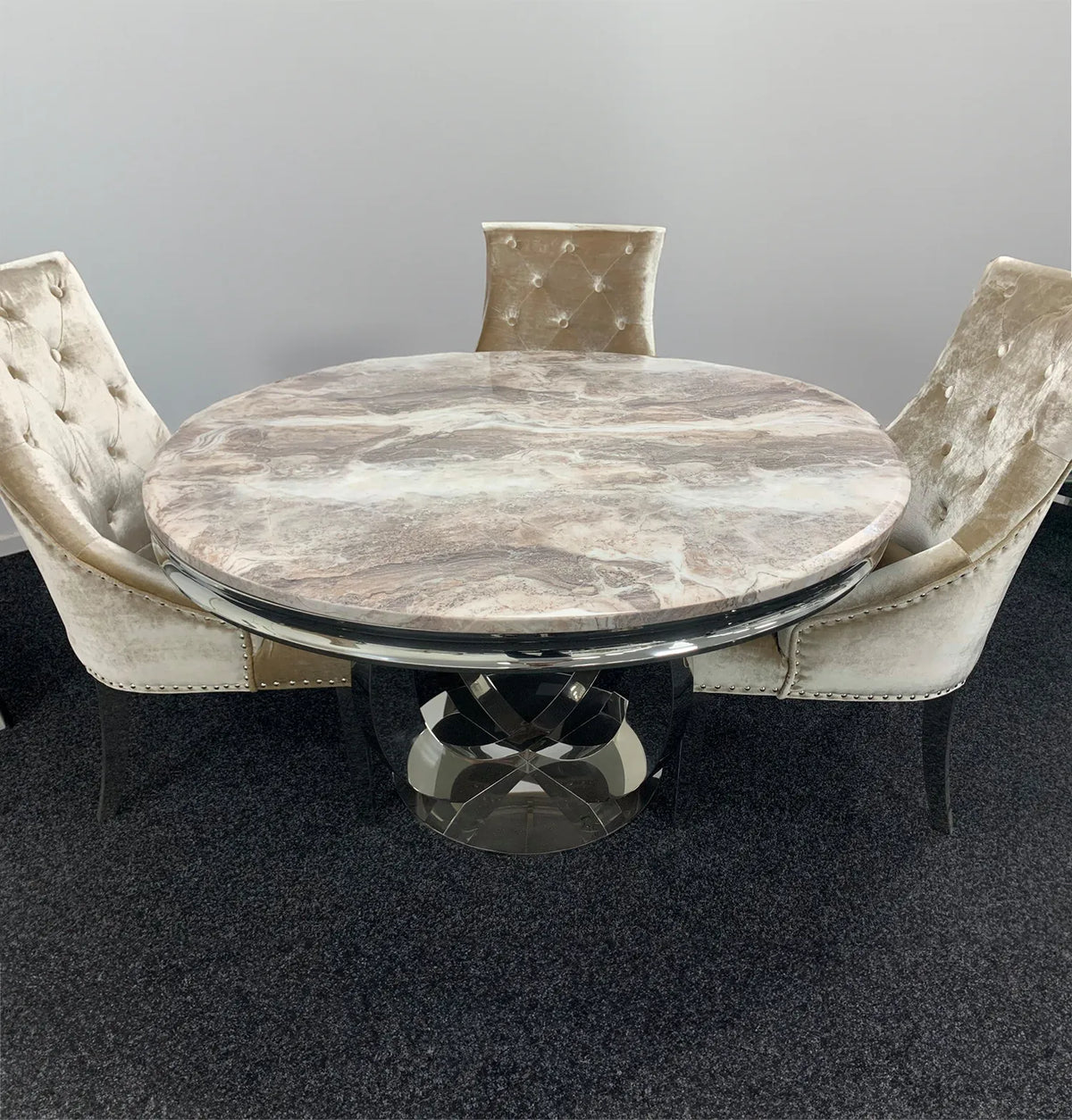 Arianna Round Mixed Brown Marble Dining Table with 4 Chairs