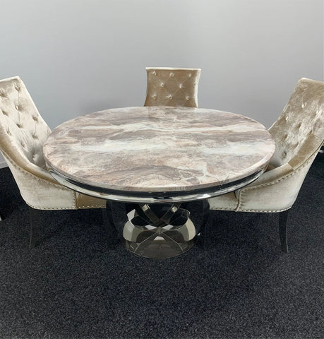 Arianna Round Mixed Brown Marble Dining Table with 4 Chairs