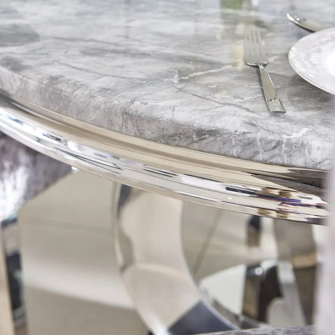 Arianna Round Marble Top Dining Table with 4 Bentley Chairs. Choose from 5 colours for marble table top. Bentley Chair available in 3 colours - Close Up of Chrome Edging 