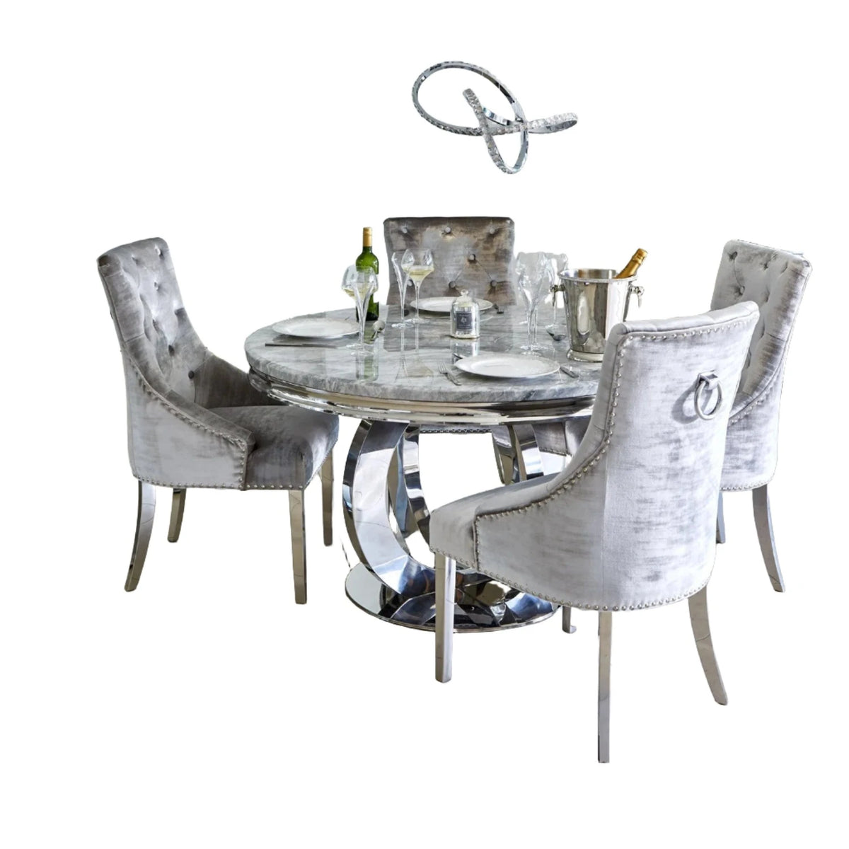 Arianna Round Marble Top Dining Table with 4 Belvedere Chairs. Marble table top available in 5 colours - Main Image  