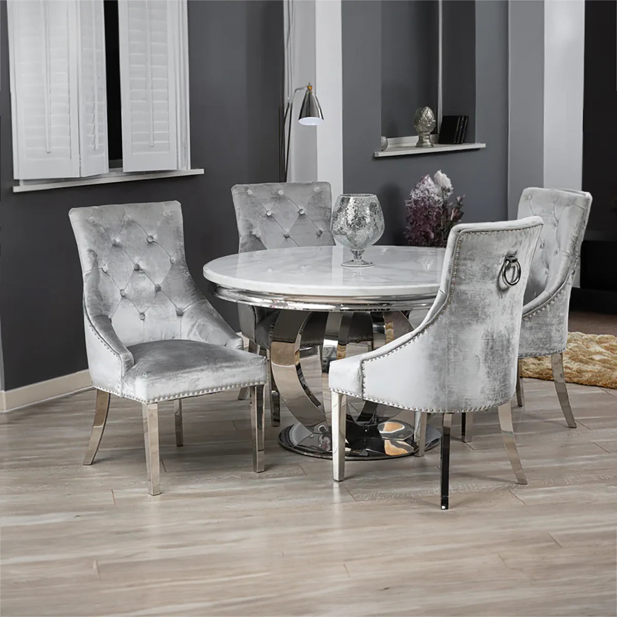 Arianna Round White Marble Dining Table with 4 Belvedere Chairs