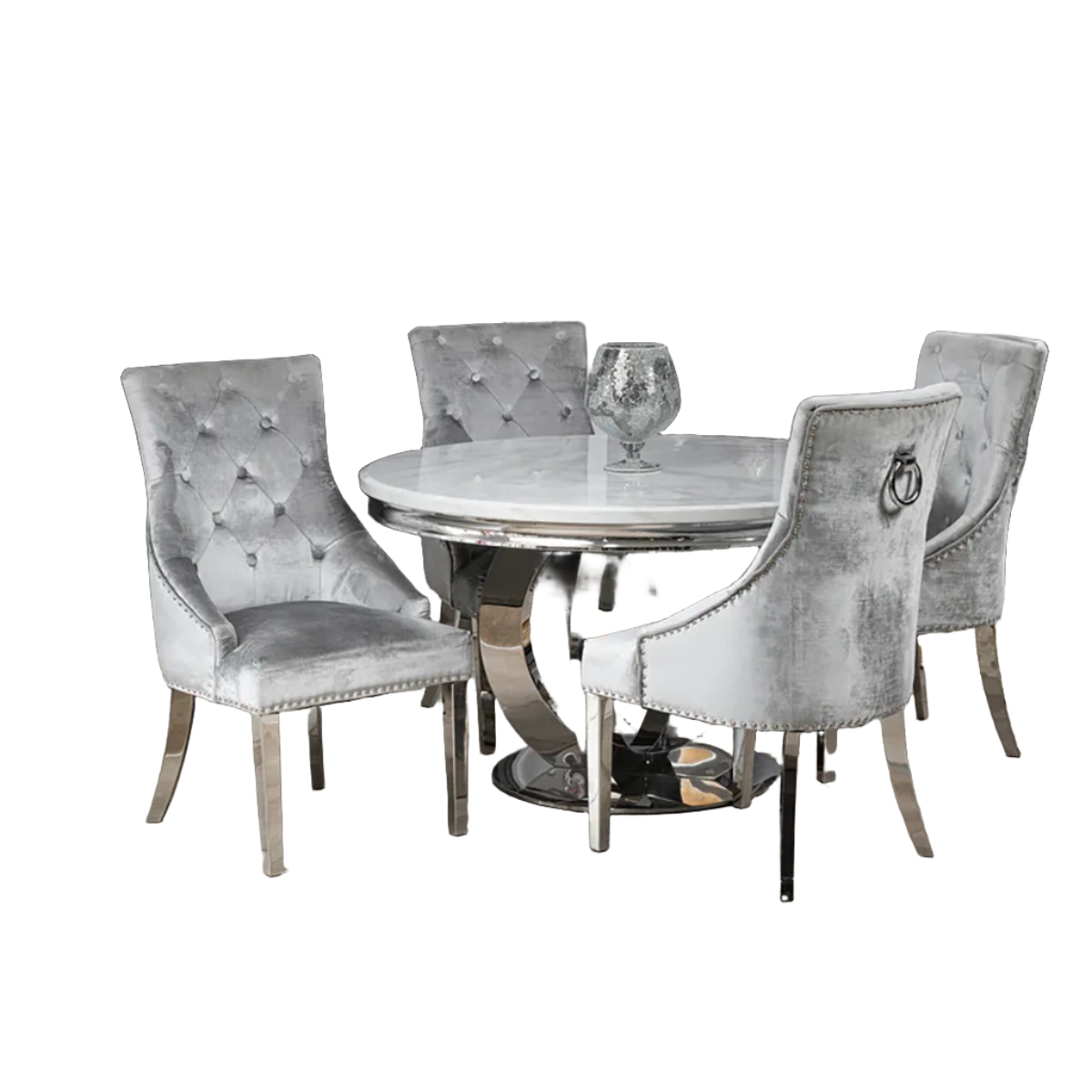 Arianna Round White Marble Dining Table with 4 Belvedere Chairs