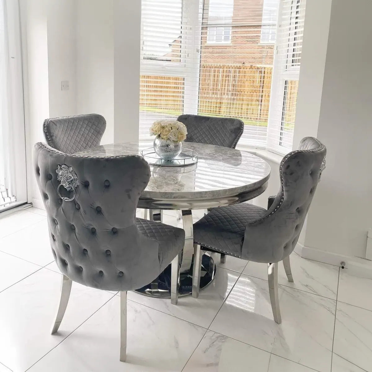 Arianna Round Marble Top Dining Table with 4 Bentley Chairs