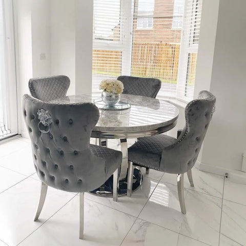 Arianna Grey Round Marble Top Dining Table, $ Seater Table with 4 Lion Head knocker Chairs