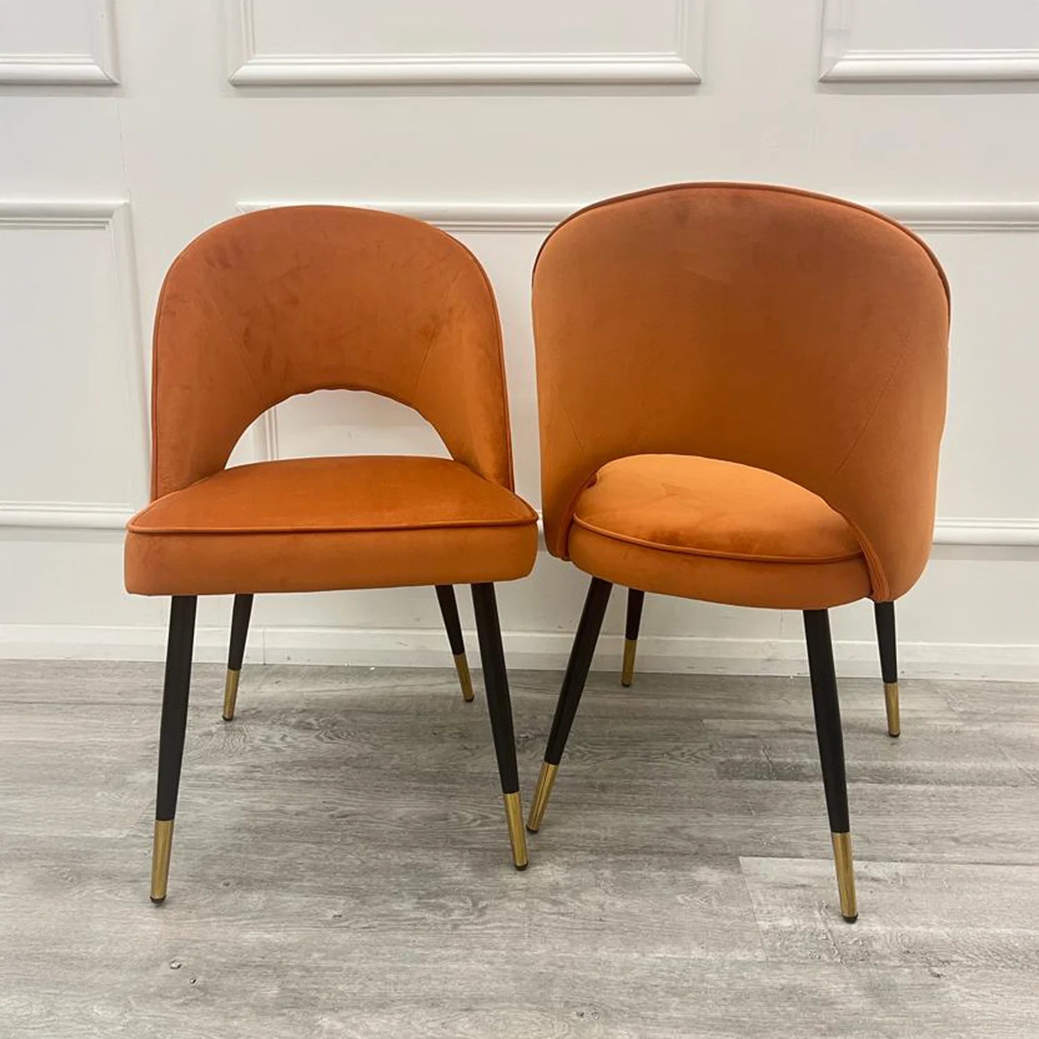 Set of 4 beige leather dining chairs, also available in Beige Velvet, Black Velvet, Rust Velvet and Champagne Velvet-Main-Image-Rust-Velvet-Chairs