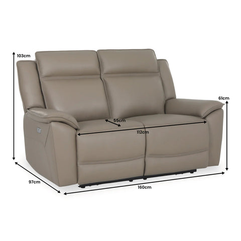 Athens Taupe Leather 2 Seater Power Recliner Sofa - Dimensions