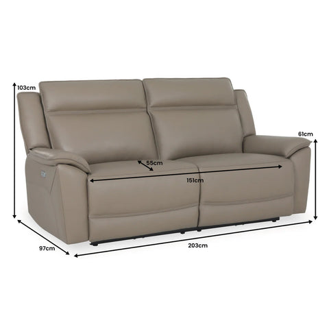 Athens Taupe Leather 3 Seater Power Recliner Sofa - Dimensions