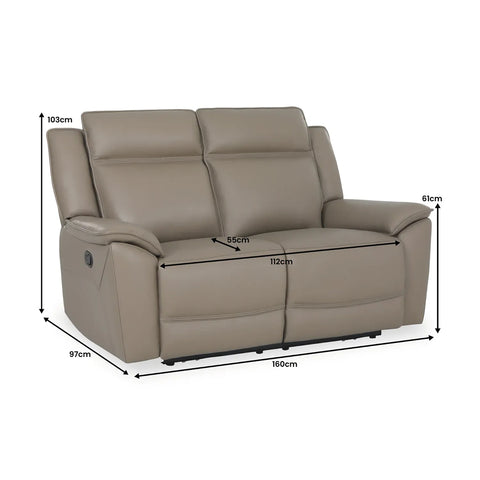 Athens Taupe Leather 2 Seater Recliner Sofa - Dimensions