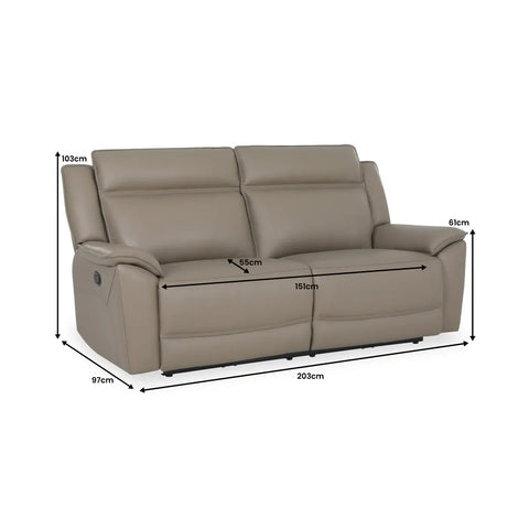 Athens Taupe Leather 3 Seater Recliner Sofa - Dimensions