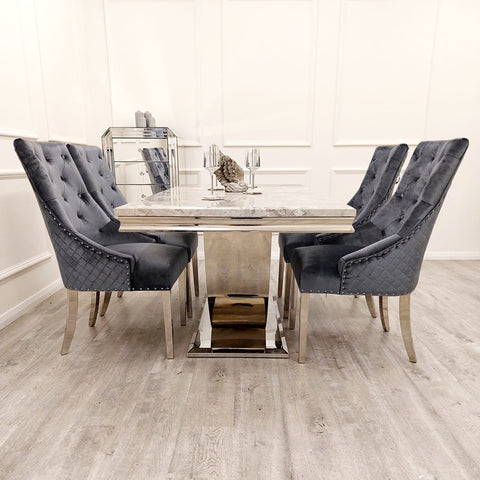 Bentley Marble Dining Table Set featuring Light Grey Marble Top and Chrome U Shape Pedestal Base, complemented by Oliver Dining Chairs in stylish velvet finishes. - 002