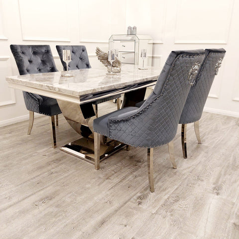 Bentley Marble Dining Table Set featuring Light Grey Marble Top and Chrome U Shape Pedestal Base, complemented by Oliver Dining Chairs in stylish velvet finishes. - 003