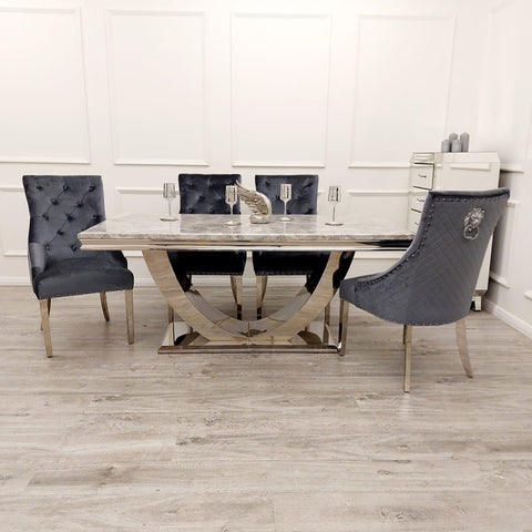 Bentley Marble Dining Table Set featuring Light Grey Marble Top and Chrome U Shape Pedestal Base, complemented by Oliver Dining Chairs in stylish velvet finishes. - 004